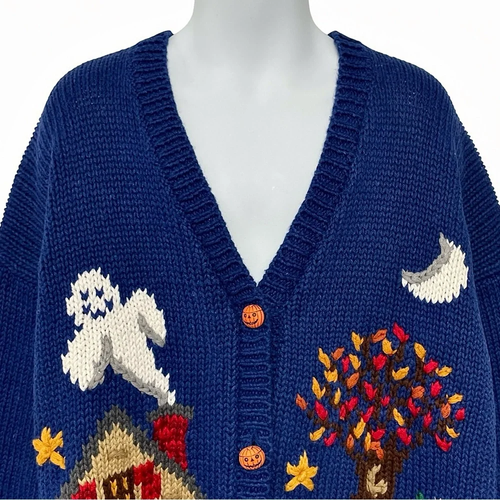 Vintage 90s Kids Hand Embroidered Chunky Halloween Cardigan Sweater Size 10/12 - Picture 2 of 15